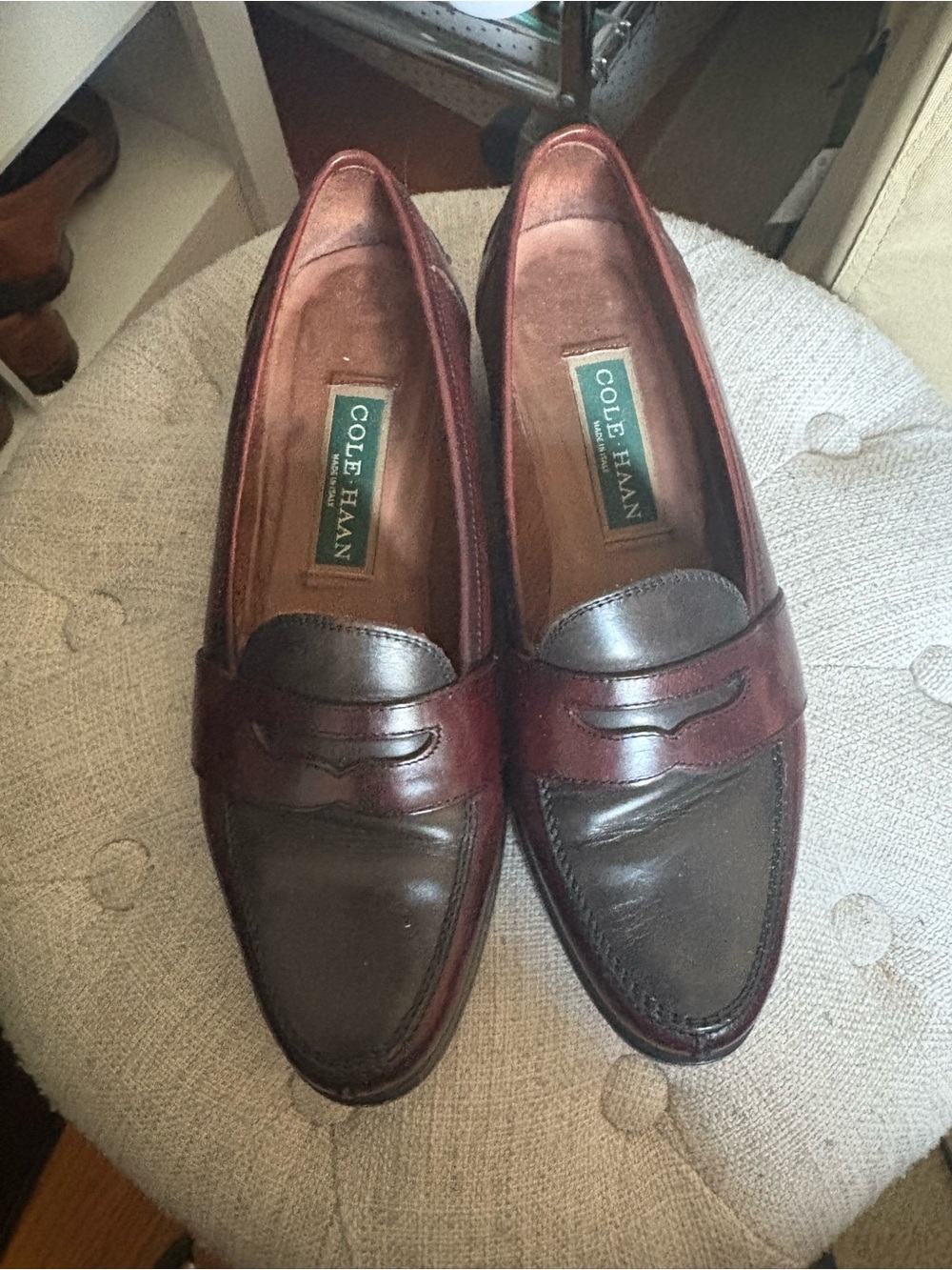 Cole Haan Two-Tone Leather Penny Loafers - Burgundy and Brown